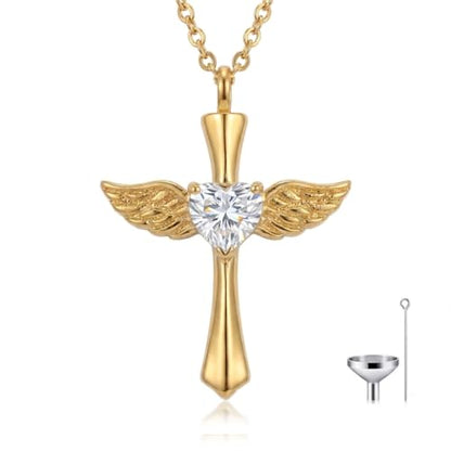 14K Gold Angel Wings Cross URN Necklace Cremation Necklaces for Ashes Embellished with Birthstone, Yellow Gold Fine Keepsake Memorial Jewelry - color: April Birthstone
