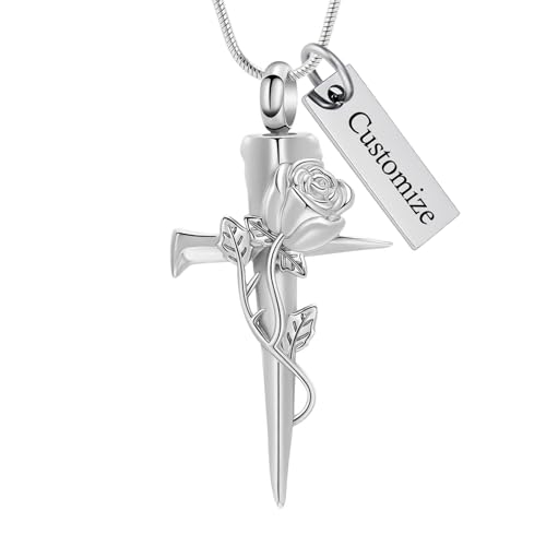 Imrsanl Cremation Jewelry Nail Cross Urn Necklace Pendant | For Humen Pet Ashes, Religious Cross Keepsake, Memorial Loved Ones Ash Holder, For Men Women - color: Rose Flower-Customize