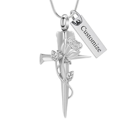 Imrsanl Cremation Jewelry Nail Cross Urn Necklace Pendant - color: Rose Flower-Customize