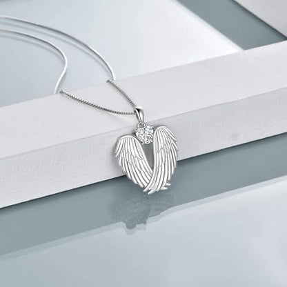YFN Angel Wings Necklace 925 Sterling Silver Guardian Angel Wings Pendant Necklace Birthstone Necklace for Women Girls Christmas Jewelry Gifts - color: April-white