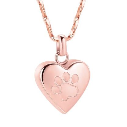 Paw Print Heart Urn Necklace for Pet Ashes Cremation Jewelry Memorial Keepsake Pendant for Dog/Cat Stainless Steel Ash Holder Necklace - color: Rose Gold