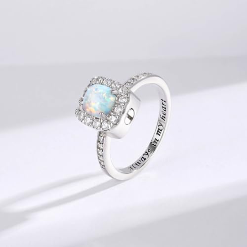 925 Sterling Silver Cremation Urn Ring for Women Memorial Ashes Keepsake Jewelry to Honor Loved Ones - color: White opal