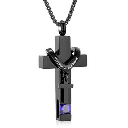 Oinsi Black Cross Urn Necklace For Ashes Of Loved Ones With Birthstone Always In My Heart Cremation Jewelry Keepsake Pendant Women Men - color: Purple Stone