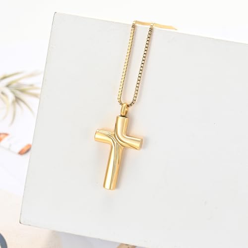 XSMZB Cross Cremation Jewelry Memorial Pendant Urn Necklace for Ashes of Loved One Funeral Ashes Keepsake Necklaces for Men Women - color: Gold