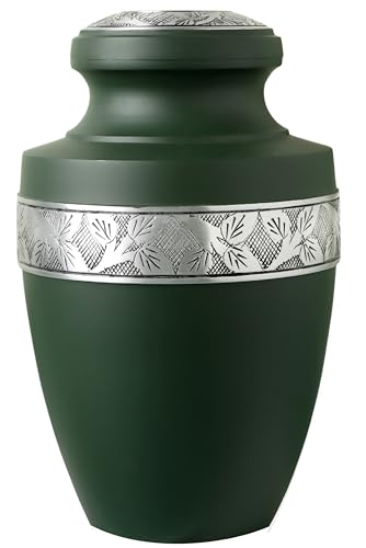 CLEENTABLE Cremation Urn for Human Ashes, Hand Carved Green Metal - color: Green & Silver, size: Hand-Etched Leaf - 7x11"