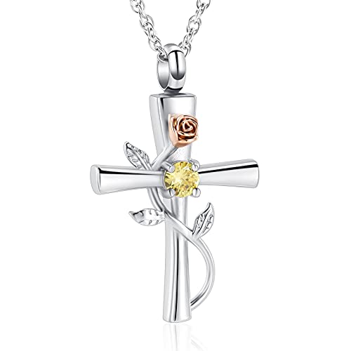 shajwo Cross Urn Necklace for Ashes Birthstone Rose Flower Cremation Jewelry for Women Gilrs Keepsake Memorial Ashes Pendant - color: Yellow
