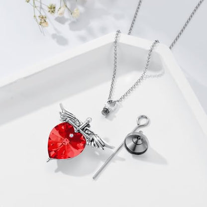 SOULMEET Memorial Wings Necklace for Ashes with Large Heart Crystal Birthstone, Angel Wings Urn Necklaces with Heart Shaped Birthstone Keepsake Silver Cremation Jewelry - style: G-July