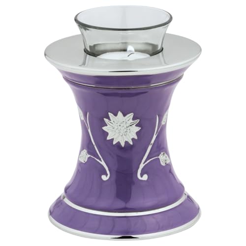 Grace Lavender Blue Tealight Cremation Urn for Ashes, Brass Memorial Candle, Purple and Silver, Extra Small Sized Cremation Urn, 5.5 Inches High - color: Lavender