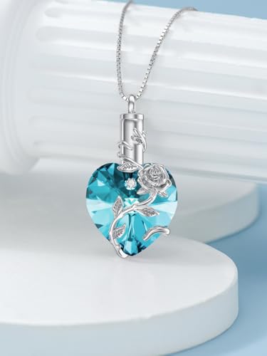 OCJ Heart Rose Flower Urn Necklace for Ashes Women Birthstone Cremation Necklaces Sterling Silver Memorial Cremation Jewelry Gifts - color: 03-March-Aquamarine