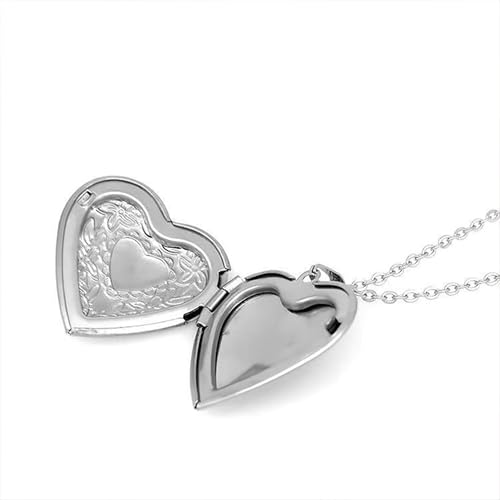 Gold Locket Necklace for Women, Vinatge Heart Oval Butterfly Angel Engraved Pendant that Holds Picture Photo Locket Memorial Necklace Personalized Jewelry Birthday Gifts - color: Heart/Silver