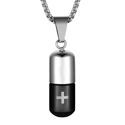 STWTR Stainless Steel Cylindrical Souvenir Capsule Pill Pendant Necklace, Cremated Ashes Pill Container Necklace - color: Black-B