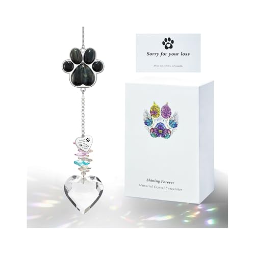 Dog Memorial Gifts, Pet Memorial Suncatcher, Loss of Dog Sympathy Gift | Thoughtful Dogs and Cats Bereavement Remembrance Gifts, Natural Cat's Eye Stone Paw Crystal Suncatcher - color: Blue Tiger Eye