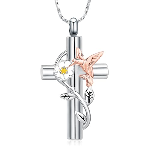 Cross Hummingbird Urn Necklace for Ashes Flower Ashes Pendant Memorial Necklace Cremation Jewelry Ashes Keepsakes Necklace Gift for Loss of Loved Ones Memorial Jewelry - color: Hummingbird-Rosegold