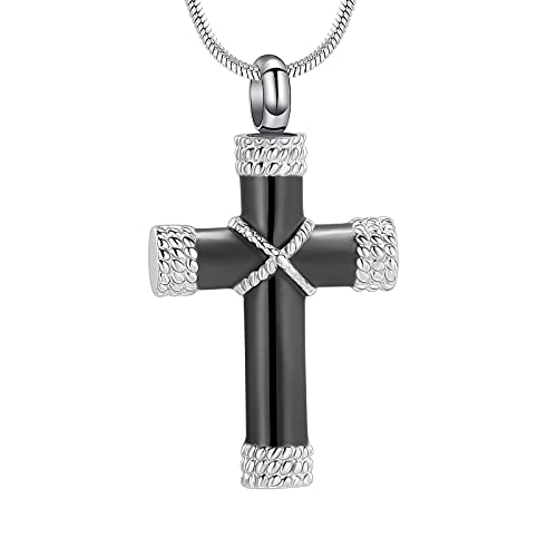 Minicremation Rope Winding Cross Cremation Ashes Urn Pendant Necklace Memorial Keepsake Jewelry Lord’s Prayer Cross Ashes Necklaces - color: Silver with Black