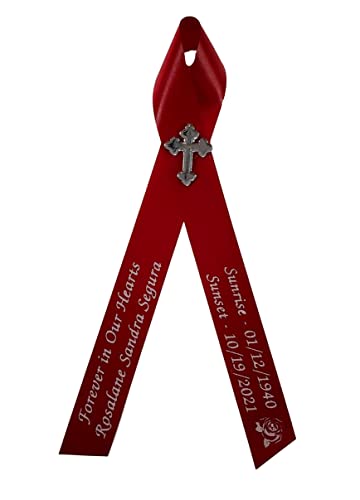 Personalized Memorial Service Funeral Ribbon Pins 20 Cross Religious Celebration of Life Custom Made Awareness Remembrance Anniversary Death Cross Sympathy Name Angel - color: Burgundy