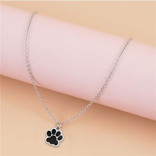 Dreuyet Paw Necklace and Earrings Set for Women Glitter Cute Dog Cat Pet Paw Print Pendant Necklace Earrings Lovely Animal Charm Jewelry Set Gifts - color: Silver Black