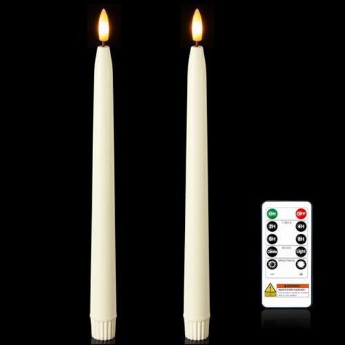 Homemory 11 inches Waxy Flameless Taper Candles with Remote Timer Dimmer, 2 Pcs Battery Operated Taper Candles with Flickering Flame, Ivory LED Candlesticks for Wedding, Christmas Indoor Decoration - color: Ivory