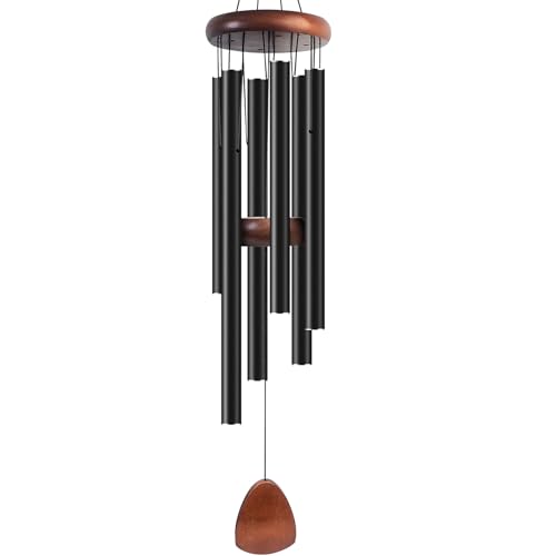 37 Inch Black Aluminum Wind Chimes, Outdoor Garden | Classic Black, Deep Resonant Tone, Rustproof Aluminum, Wood Top, All-Weather, Patio Porch Backyard - color: Black