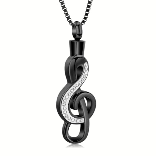 XSMZB Cremation Jewelry Crystal Music Note Urn Necklace for Ashes Stainless Steel Necklace Urn Cremation Memorial Ashes Holder Keepsake Pendant Locket - color: Black