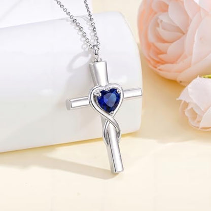 YYB Urn Necklace for Ashes Women Heart Birthstone Cross Cremation Jewelry | Memorial Keepsake Funeral Jewelry for Loved Ones (with Funnel Filler) - color: 09-Sep-Sapphire