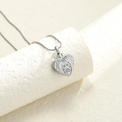 Heart Paw Print Urn Necklace for Ashes for Pet Stainless Steel Pendant - color: Silver