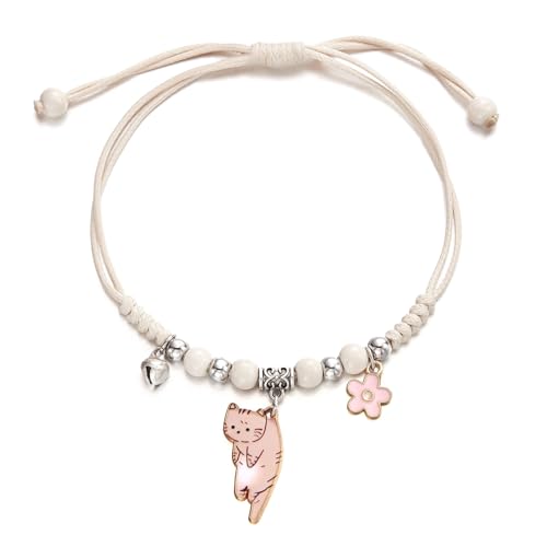 POYAMUSE Lovely Cat and Flower Strand Bracelet - Colorful Beads, Adjustable for Women - color: Ginger white