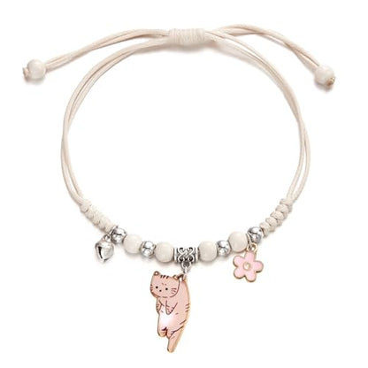 POYAMUSE Lovely Cat and Flower Strand Bracelet - Colorful Beads, Adjustable for Women - color: Ginger white