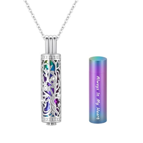 Cylinder Tree of Life Urn Necklace for Ashes Cremation Jewelry Vial Pendant for Women Men Memorial Keepsake for Loved Ones - Always In My Heart - color: Silver-Colorful-Always In My Heart