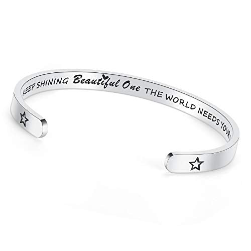 TONY & SANDY Inspirational Bracelets for Women Teen Girls Personalized Gifts for Daughter Granddaughter Mom Sister Friends Stainless Steel Engraved Cuff Birthday Easter Christmas - style: A - Keep shining beautiful one the world needs your light