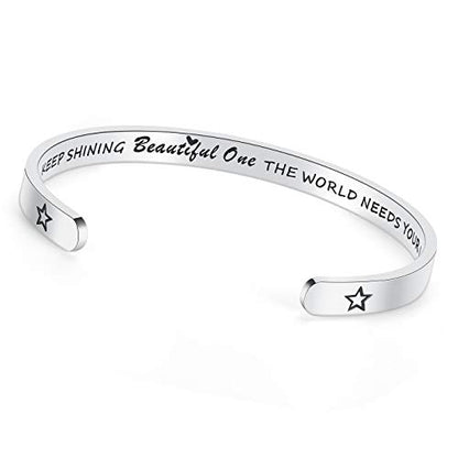 TONY & SANDY Inspirational Bracelets for Women Teen Girls Personalized Gifts for Daughter Granddaughter Mom Sister Friends Stainless Steel Engraved Cuff Birthday Easter Christmas - style: A - Keep shining beautiful one the world needs your light