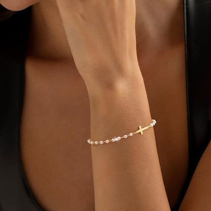 Moodear Cross Bracelet for Women, Dainty Sterling Silver/Gold Plated Gift | Christian Religious Gifts for Teen, Stocking Stuffers, Adjustable Link Bracelets, Sparkling CZ Cross, Non Tarnish Jewelry - color: Pearl Gold Cross Bracelet