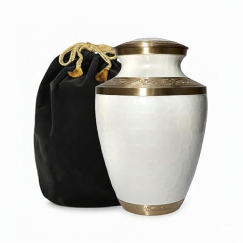 Large Brass Cremation Urn for Human Ashes | White Handcrafted Funeral Memorial Urn for Adults | Decorative Urns for Men & Women | Secure Screw Lid with Velvet Pouch - color: White