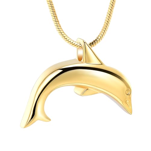 Minicremation Dolphin Shape Cremation Jewelry Necklace for Ashes Stainless Steel Ashes Holder Memorial Jewelry Keepsake Urn Pendant +fill kit - color: Gold