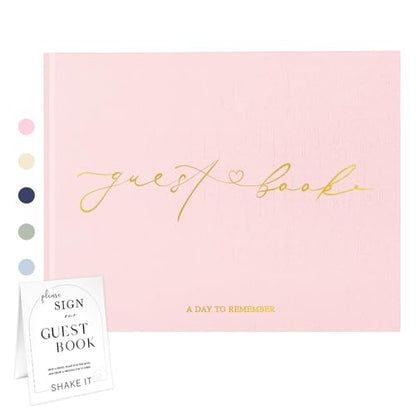 Wedding Guest Book, Polaroid Photo Guestbook for Baby Shower, Blank Pages | Table Sign Included, Gold Stamping, Hardcover, 9x7.5", Perfect for Bridal Party & Baby Shower, Pink - color: Pink