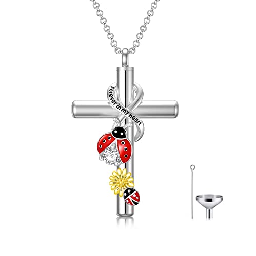 Cross Urn Necklace for Ashes 925 Sterling Silver Cremation Jewelry with Funnel Filler Kit Ashes Necklace for Human Women Girl Pets - color: G_Ladybug Urn Necklace, style: Non-personalized