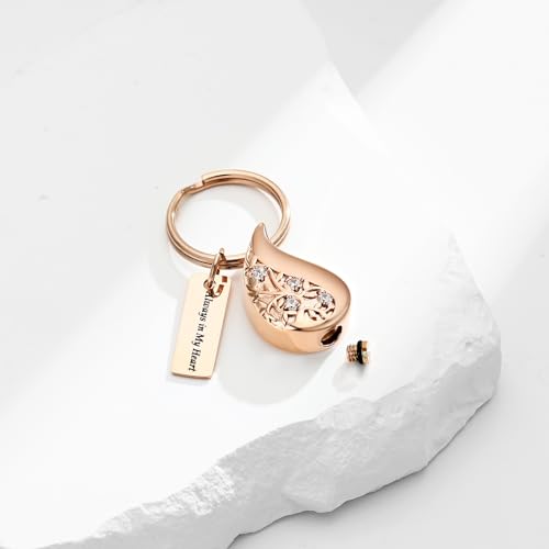 zeqingjw Cremation Jewelry Teardrop Urn Keychain for Ashes Tree of Life Urn Ashes Cremation Memorial Keepsake Keychain - color: Rose Gold