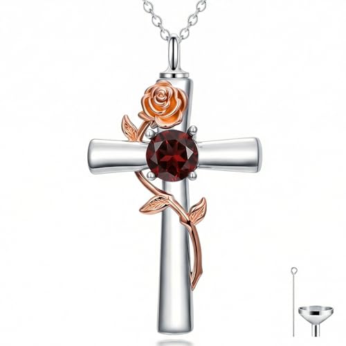 YYB Rose Flower Urn Necklaces Cross Birthstone Cremation Jewelry for Ashes Memorial Keepsake Funeral Pendant for Women - color: 01-Jan-Garnet