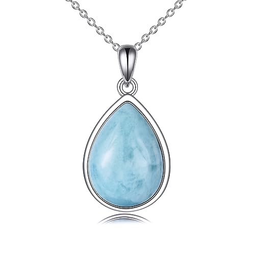 CRMAD Larimar/Opal/Lapis Lazuli/Tourmaline/Malachite/Labradorite/Turquoise/Onyx/Rose Quartz/Amber/Peridot Necklace for Women 925 Sterling Silver Teardrop Pendant Jewelry Gifts - color: Larimar