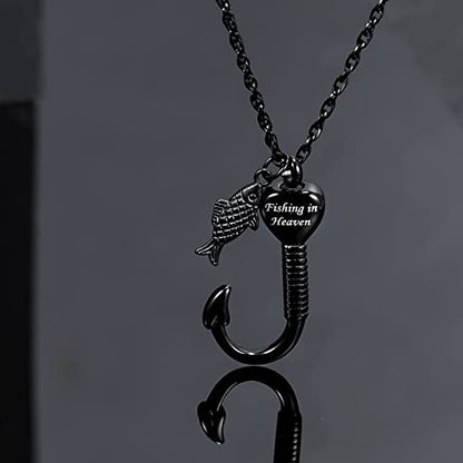 Fishing in Heaven Cremation Urn Necklace for Ashes & Fishing hook Memorial Pendant