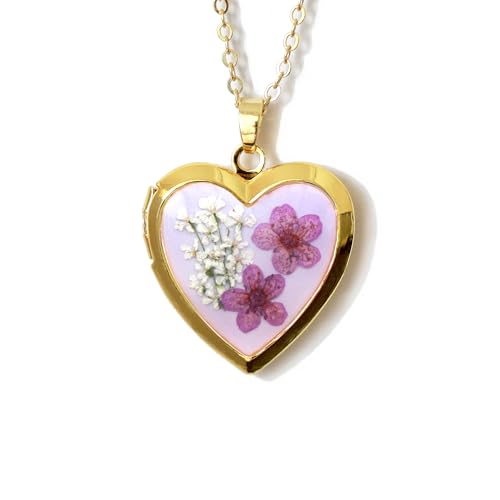 Handmade Heart Shaped Dried Pressed Forget Me Not Flower Photo Locket Pendant Necklace - color: Gold, style: PURPLE+L