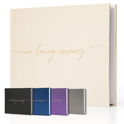 Funeral Guest Book for Memorial Service, in Loving Memory 9x7.5 | 320 Entries, Table Sign Card Included, Gold Stamping, Twill-Textured Paper Cover, Celebration of Life Keepsake, Beige - color: Beige