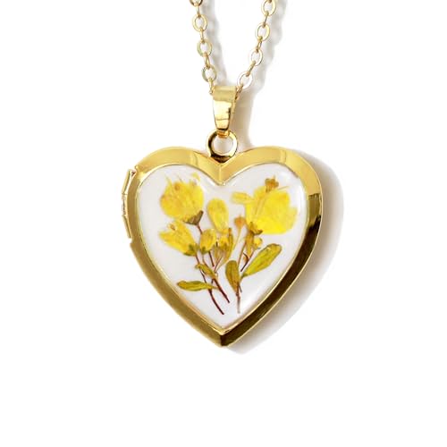 Handmade Dried Pressed Flower Heart Shaped Photo Locket Pendant Necklace - color: Gold, style: Yellow Flower on White