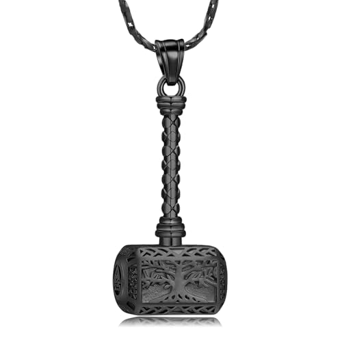 Imrsanl Viking Thor's Hammer Urn Necklace for Ashes Tree of Life Cremation Jewelry Ashes Holder Keepsake Human Memorial Pendant for Women Men - color: Black
