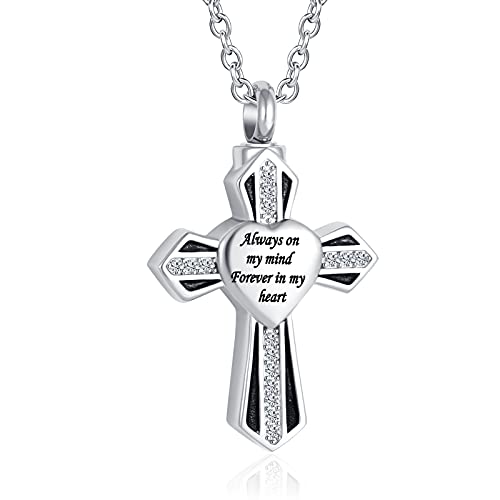 Cross Urn Necklace for Ashes Keepsake Urn Cremation Jewelry Memorial Ash Holder Pendant - style: Always on My Mind Forever in My Heart