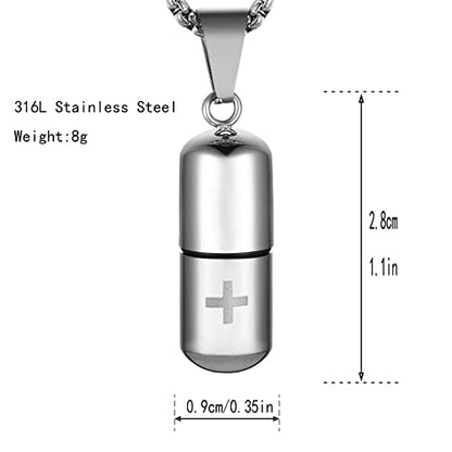 STWTR Stainless Steel Cylindrical Souvenir Capsule Pill Pendant Necklace, Cremated Ashes Pill Container Necklace - color: Silver