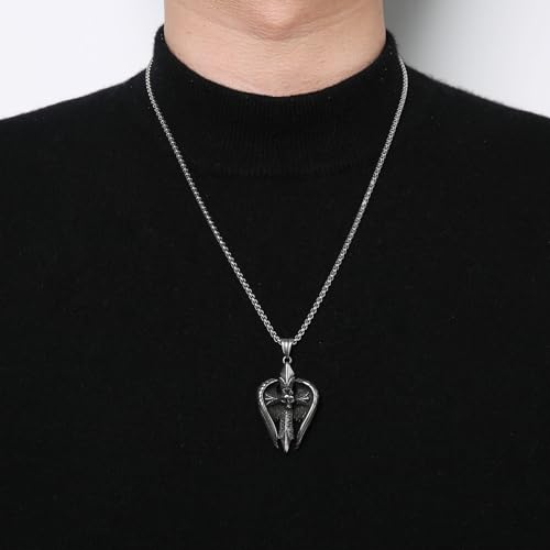 HZMAN Angel Wing Necklace for Men Women Stainless Steel Gothic Punk Angel Wing Cross/Angel Pendant Faith Amulet Jewelry Gift - color: Skull Cross