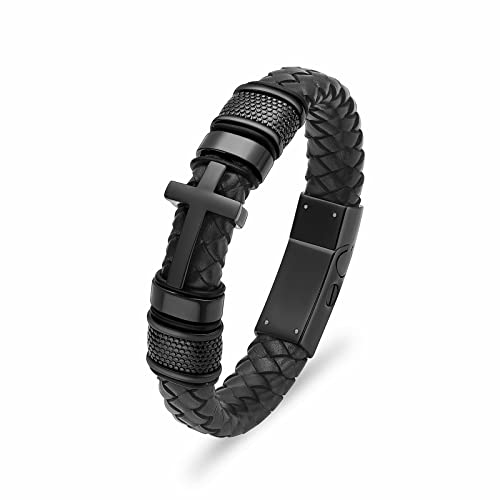 constantlife Cross Cremation Bracelet for Ashes Stainless Steel Urn Memorial Jewelry Braided Leather Wristband Bangle Faith Religious Christian Keepsake for Men Women - color: Black, size: 20cm