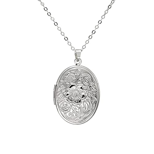 Vintage Engraved Flower Locket Picture Pendant Necklace Antique Carved Pattern Oval Heart Pendant Necklace For Women Hold Picture Souvenir Memorial Jewelry - color: Silver Flower