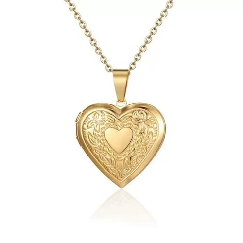 Vintage Engraved Flower Empaistic Photo Locket Pendant Necklaces Dainty Gold Silver Oval Round Heart Locket Hold Photo Picture Clavicle Chain Necklace for Women Men Souvenir Memorial Jewelry - style: Gold C
