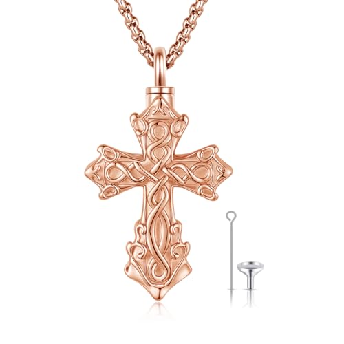 925 Sterling Silver Celtic Cross Urn Necklace for Ashes | Memorial Keepsake Cremation Catholic Jewelry for Men Women - color: Rose Gold-D